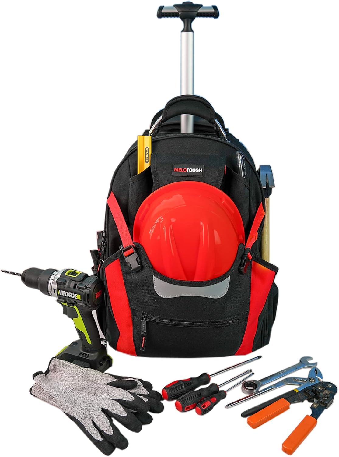 MELOTOUGH Wheeled Rolling Tool Bag Heavy Duty Tool Backpack Tool Organizer Bag for Electrician , Carpenter , HVAC ,Welder (Red)