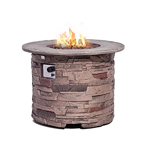 COSIEST Outdoor Propane Concrete Fire Pit Table w Imitation Stone Surface 32-inch Round Fire Table, CSA Certified, 40,000 BTU Stainless Steel Burner
