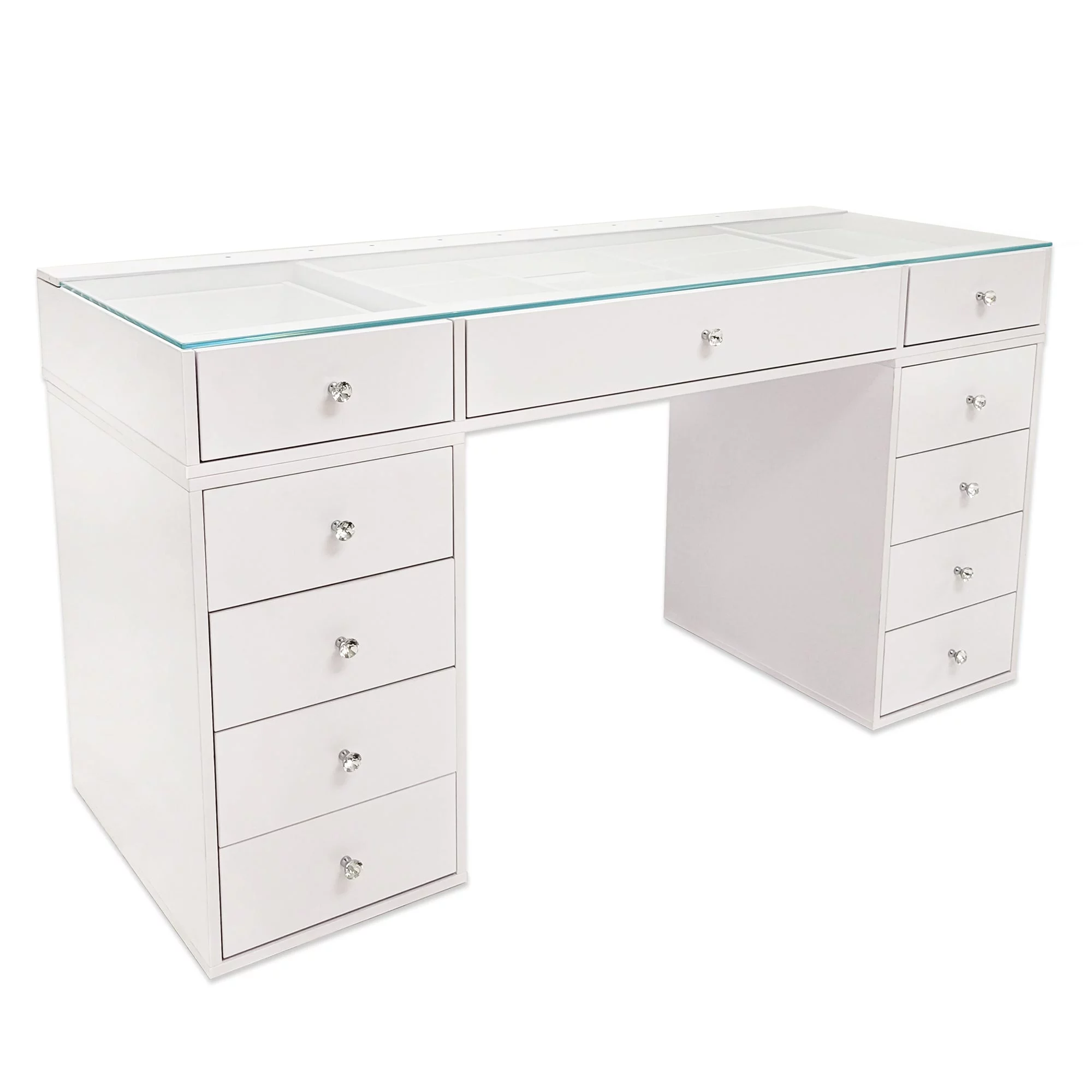 Impressions Vanity Slaystation Naomi Vanity Desk with Glass Tabletop with 10 Storage Drawers (White)