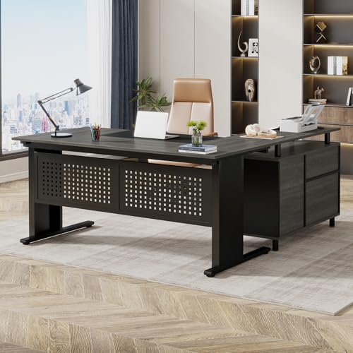 Tribesigns 63 Inch Executive Desk with File Cabinet, Large Office Desk L Shaped Computer Desk with Drawers and Storage Shelves