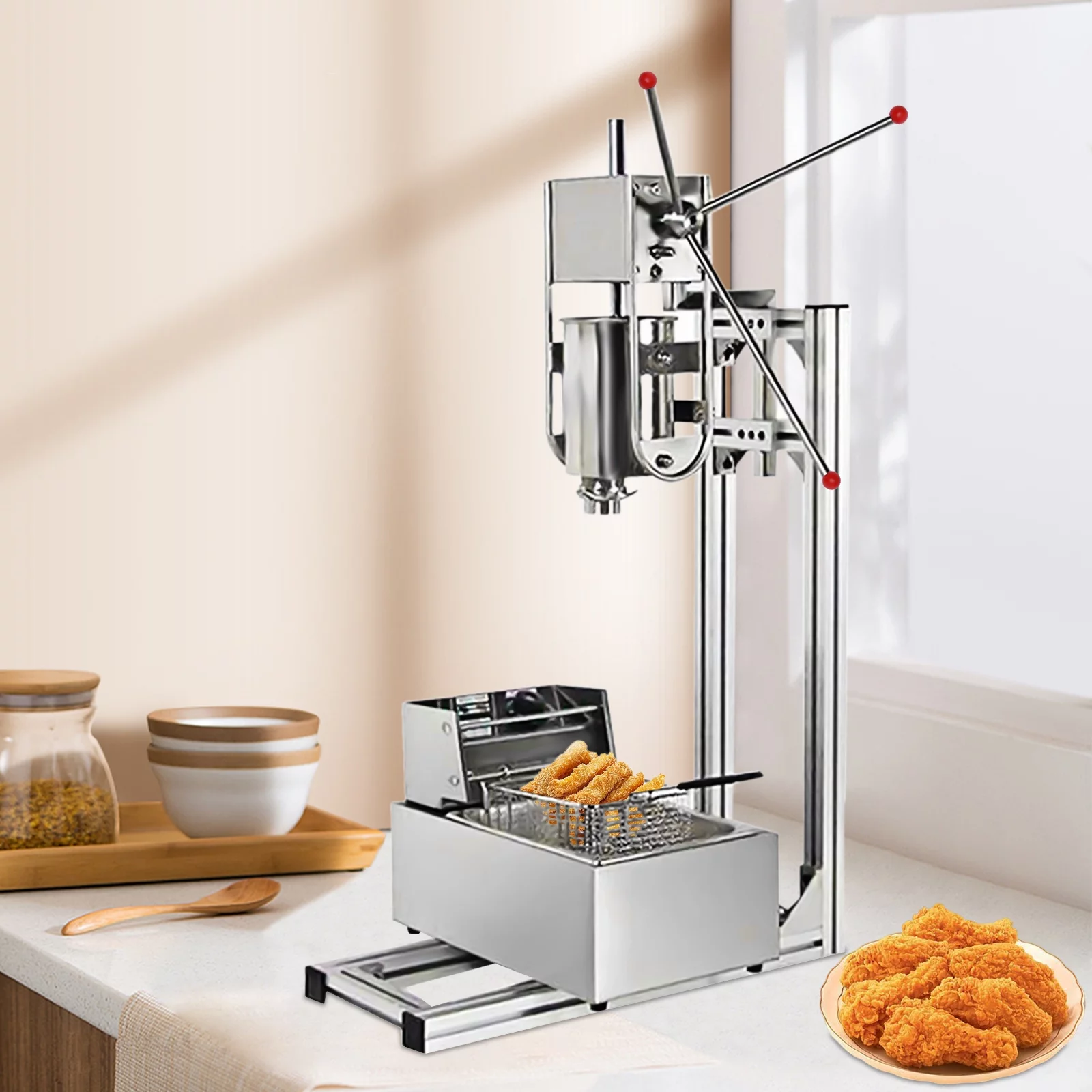 Miumaeov Churros Machine Manual Stainless Steel Vertical Sausage Stuffer with Fryer 2 in 1 Sausage Maker Spanish Churro Maker Commercial Home Spanish