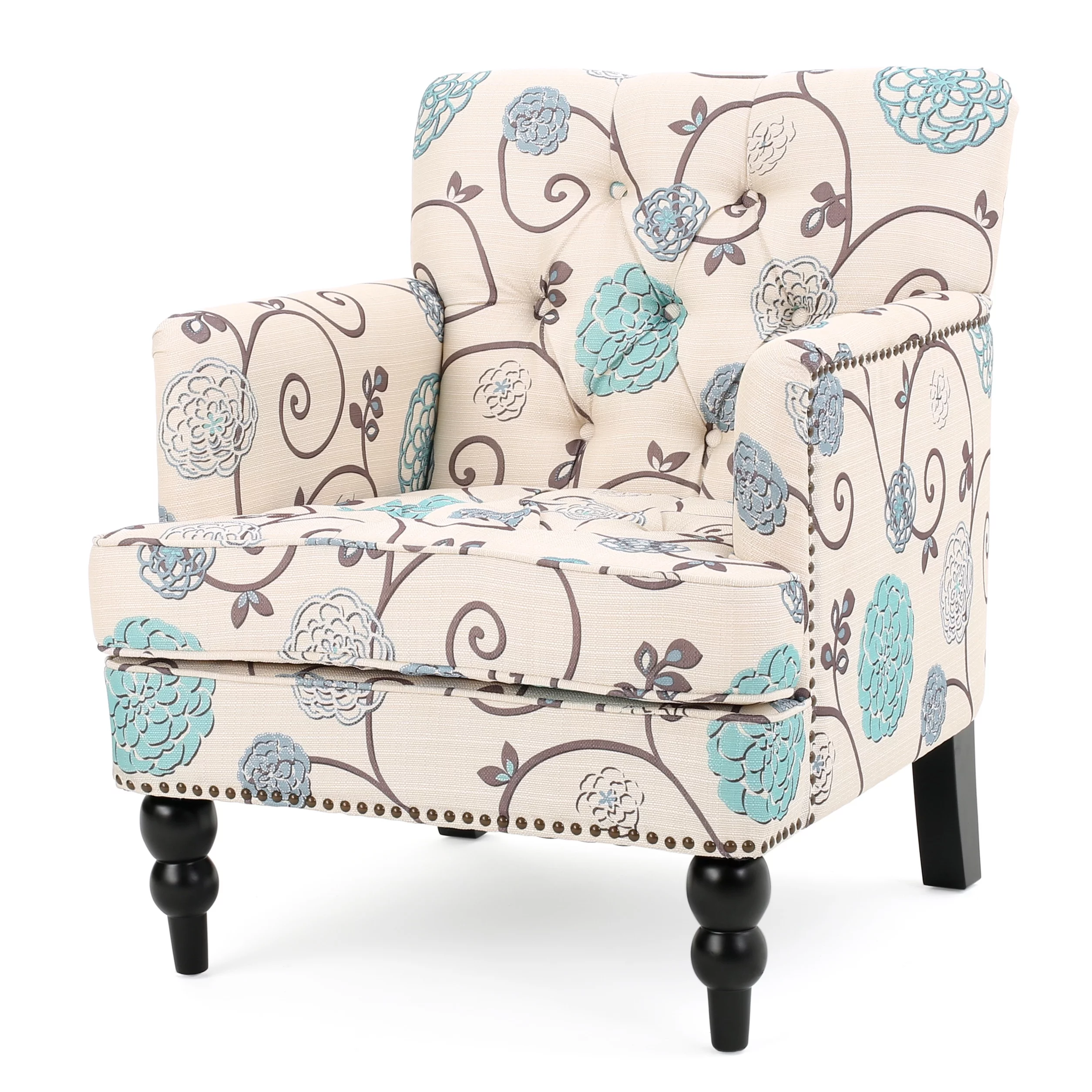 GDF Studio Aurelia Contemporary Tufted Club Chair, Blue and Light Beige Floral Fabric and Dark Brown