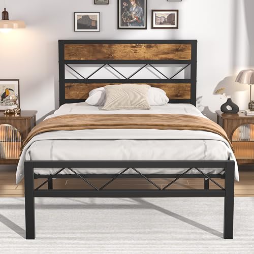 VECELO Queen Metal Platform Bed Frame with Rustic Vintage Wooden Headboard, Heavy Duty 14 Metal Slats Support