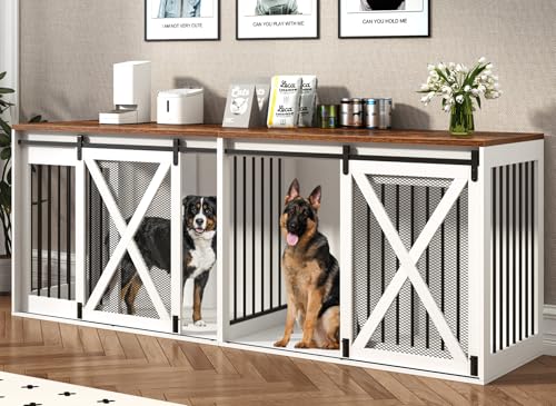 78.7" XXL Dog Crate Furniture for 2 Large Dogs, Heavy Duty Double Dog Cage Large Breed, 35.4" Tall Thick Wooden Dog Kennel TV Stand with Divider
