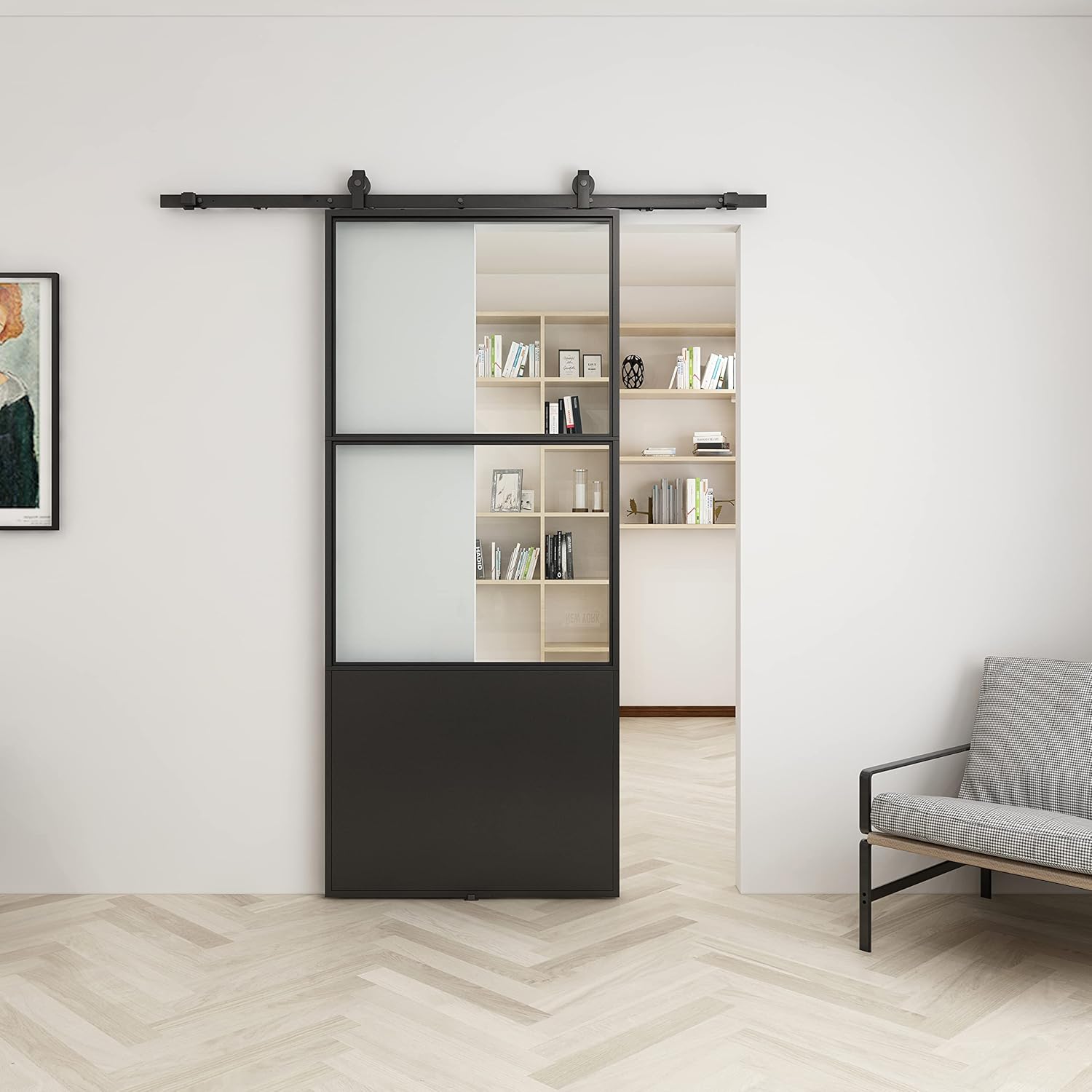 BARNSMITH 36in x 84in Metal Glass Barn Door with 6FT Top Mounted Hardware kit Soft Close Mechanism Black Carbon Steel Clear Tempered Glass Sliding