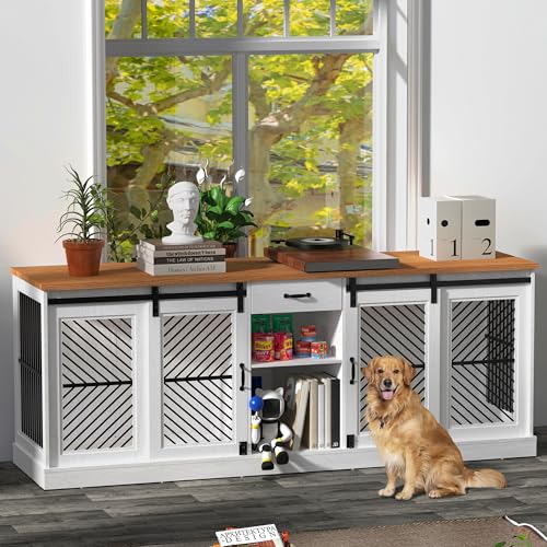 86.6” Large Dog Crate Furniture for 2 Dogs, Decorative Wooden Double Dog Kennel Indoor
