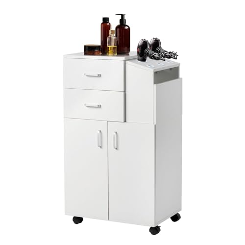 Salon Stations Cart for Hair Stylist,Barber Salon Rolling Trolley Cart w/ Wheels,5 Hair Dryer Holders,2 Drawers and 1 Large Cabinet