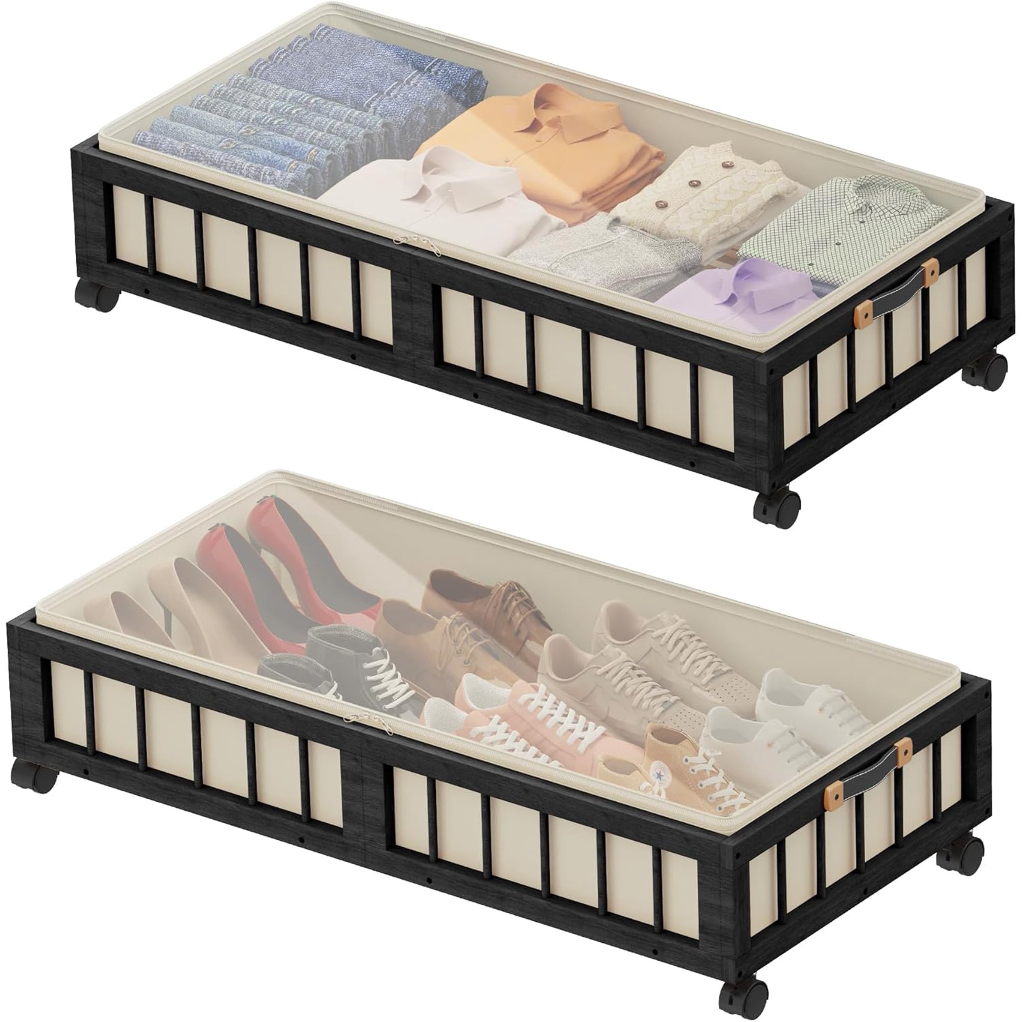 2-Pack Bamboo Under Bed Storage with Wheels, Rolling UnderBed Storage Basket with Large Dust Bag, Under Bed Storage Containers for Bedroom