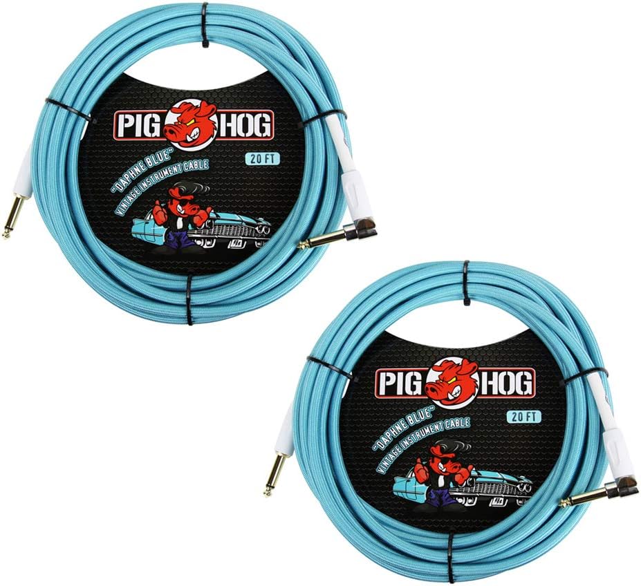 Pig Hog Vintage-Series Woven Instrument Cable (Daphne Blue, 20', Right Angle), 2-Pieces Bundle Pack of 2