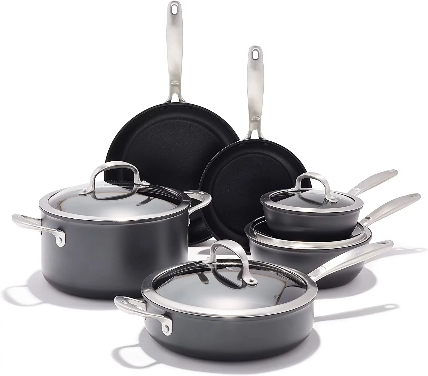 Good Grips 10 Piece Cookware Pots and Pans Set  3-Layered German Engineered Nonstick Coating  Stainless Steel Handle with Nonslip Silicone  Gray
