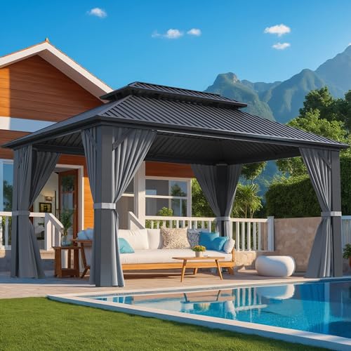 10x10 FT Gazebo Hardtop Gazebo Aluminum Pergola with Aluminum Frame, Double Galvanized Steel Roof