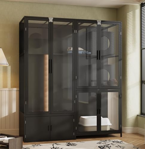 63" Cat Litter Box Enclosure, Extra Large Hidden Decorative Litterbox Cabinet Furniture with 3 Rooms, Acrylic Doors and Scratching Post for Big Cats