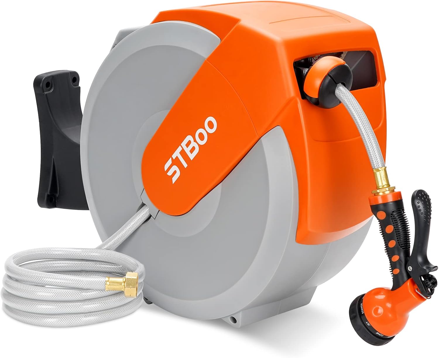 Retractable Hose Reel Wall Mount with 1/2” 82ft Auto Rewind Water Hose, 9 Patterns Hose Nozzle, 180°Swivel Bracket, Slow Return System