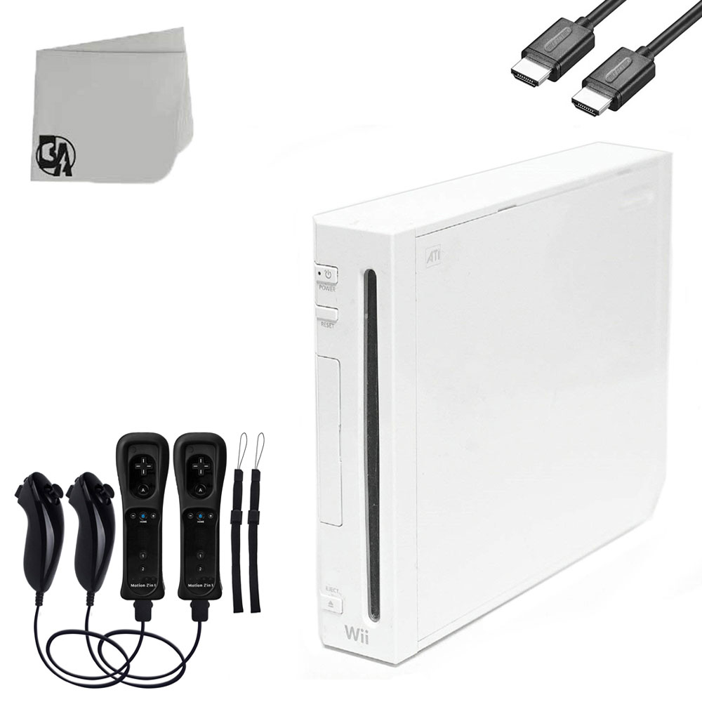 Nintendo Wii White Gaming Console With 2 Black Gaming Controller + HDMI Cable BOLT AXTION Bundle Like New