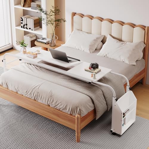 Arlopu Overbed Table with Wheels,60.6-84.2 inches Mobile Bed Desk,Rolling Computer Desk, Laptop Cart,W/0-65°Tilt Stand,4 Heights and 6 Lengths