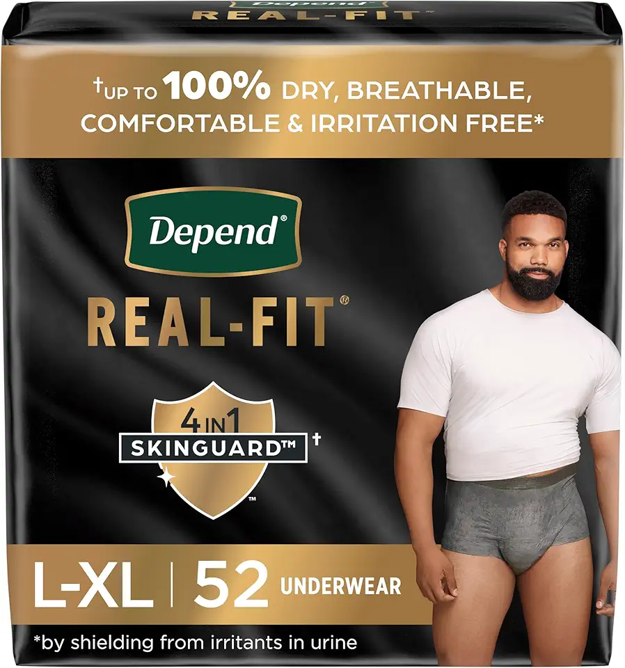 Depend Real Fit Incontinence Underwear for Men, Disposable, Maximum Absorbency, Large/Extra Large, Grey, 52 Count, Packaging May Vary