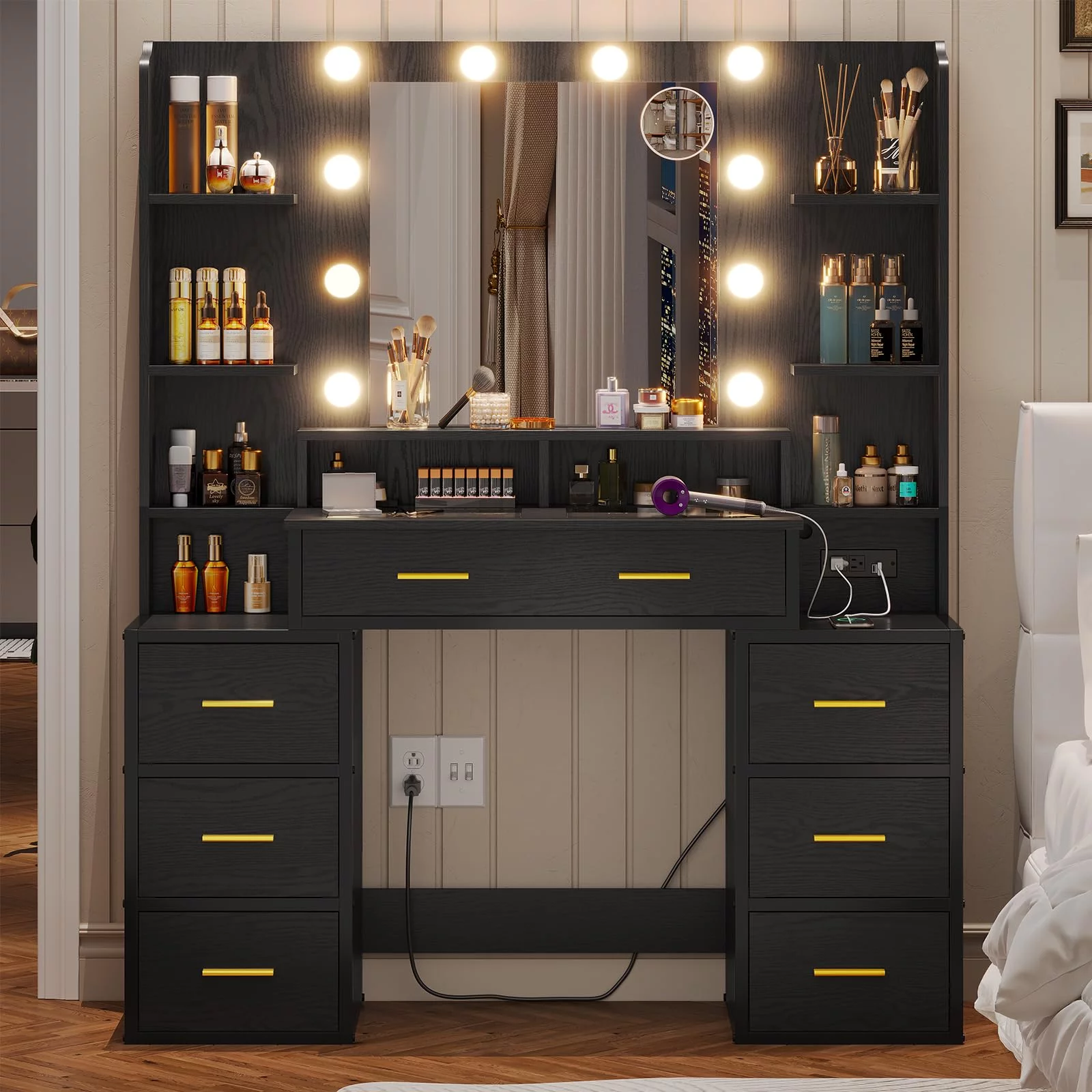 Vanity Desk with Mirror and Lights & Glass Top,Makeup Vanity with Lights & Charging Station,10x Magnifying Mirror