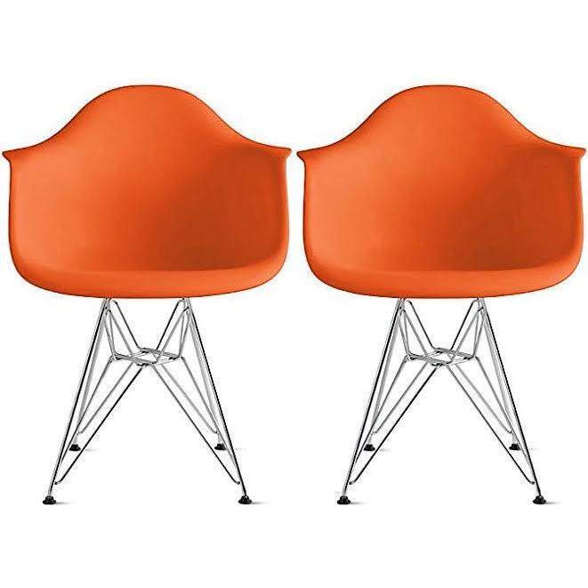 2xhome Designer Molded Plastic Arm Chairs with Back Wire Eiffel Matte Office Retro Pyramid Dining Room Bedroom Work - Orange