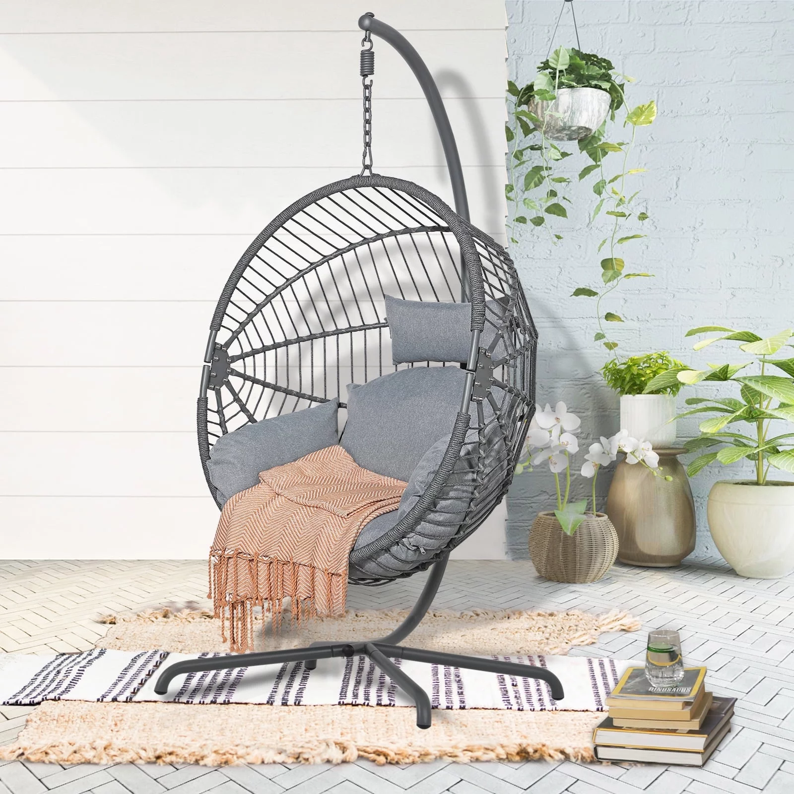 JOIVI Patio Swing Egg Chair with Stand, Oversized Cocoon-Shaped Hammock Chair with Cushion, Dark Gray