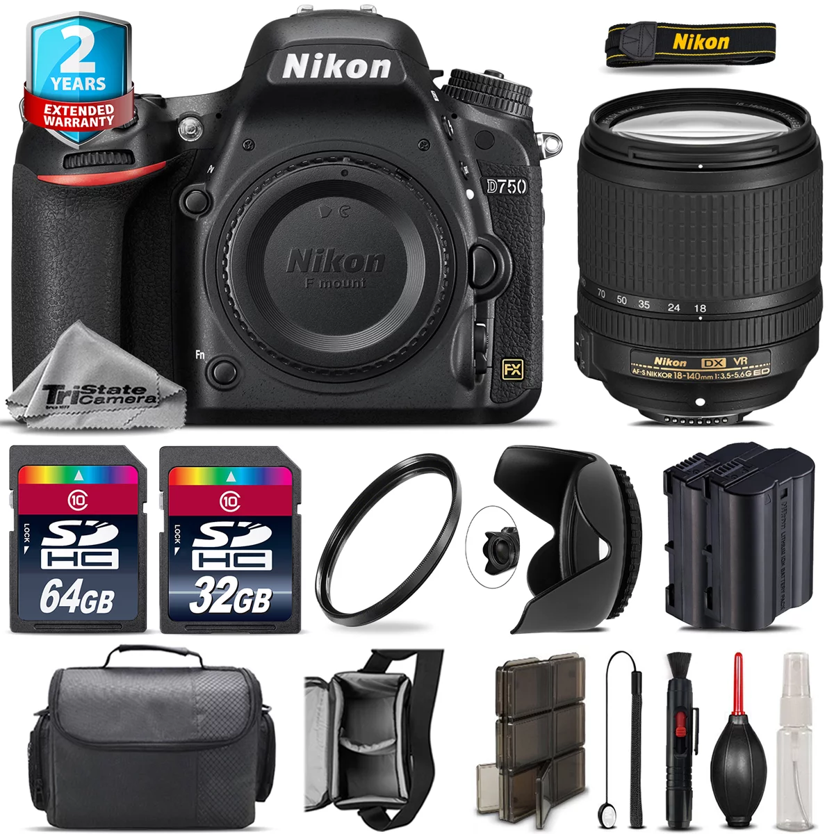 Nikon D750 DSLR + AFS 18-140mm VR Lens + Tulip Hood + Extra Battery - 96GB Kit - Curated Treasures Market