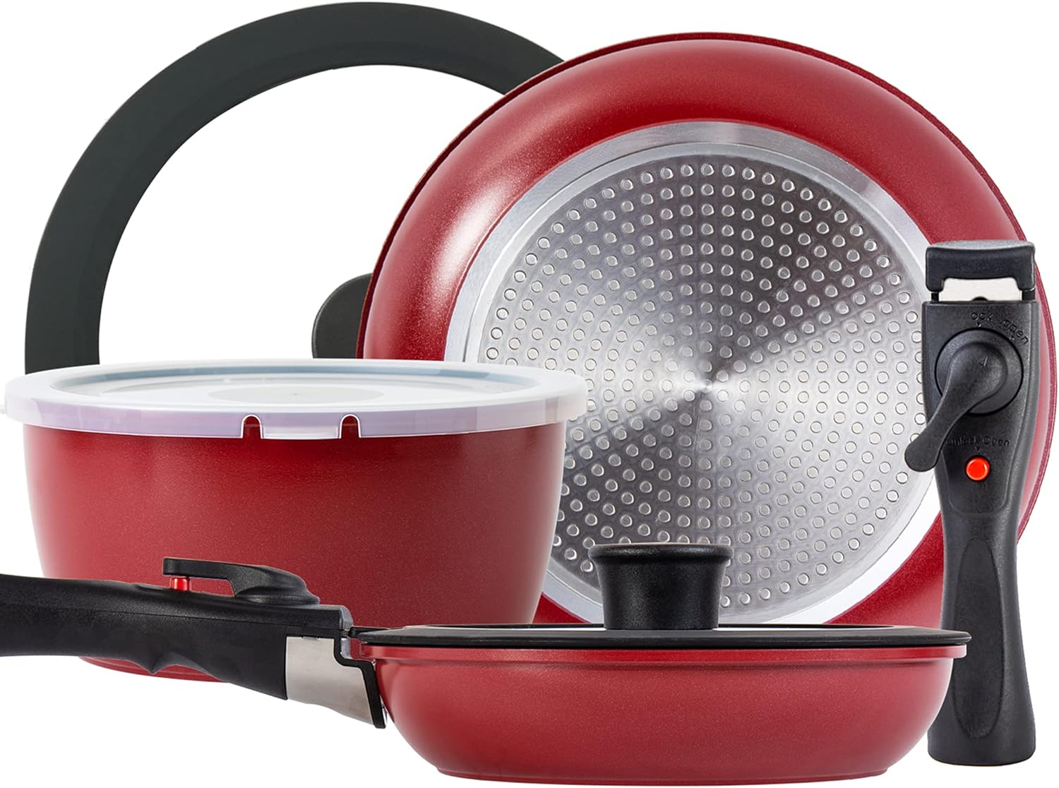 8 Pieces Nonstick Pots and Pans Set, ROCKURWOK Stackable Cookware Set with 2 Removable Handles for Home and Camping,Dishwasher Safe,Deep Red.