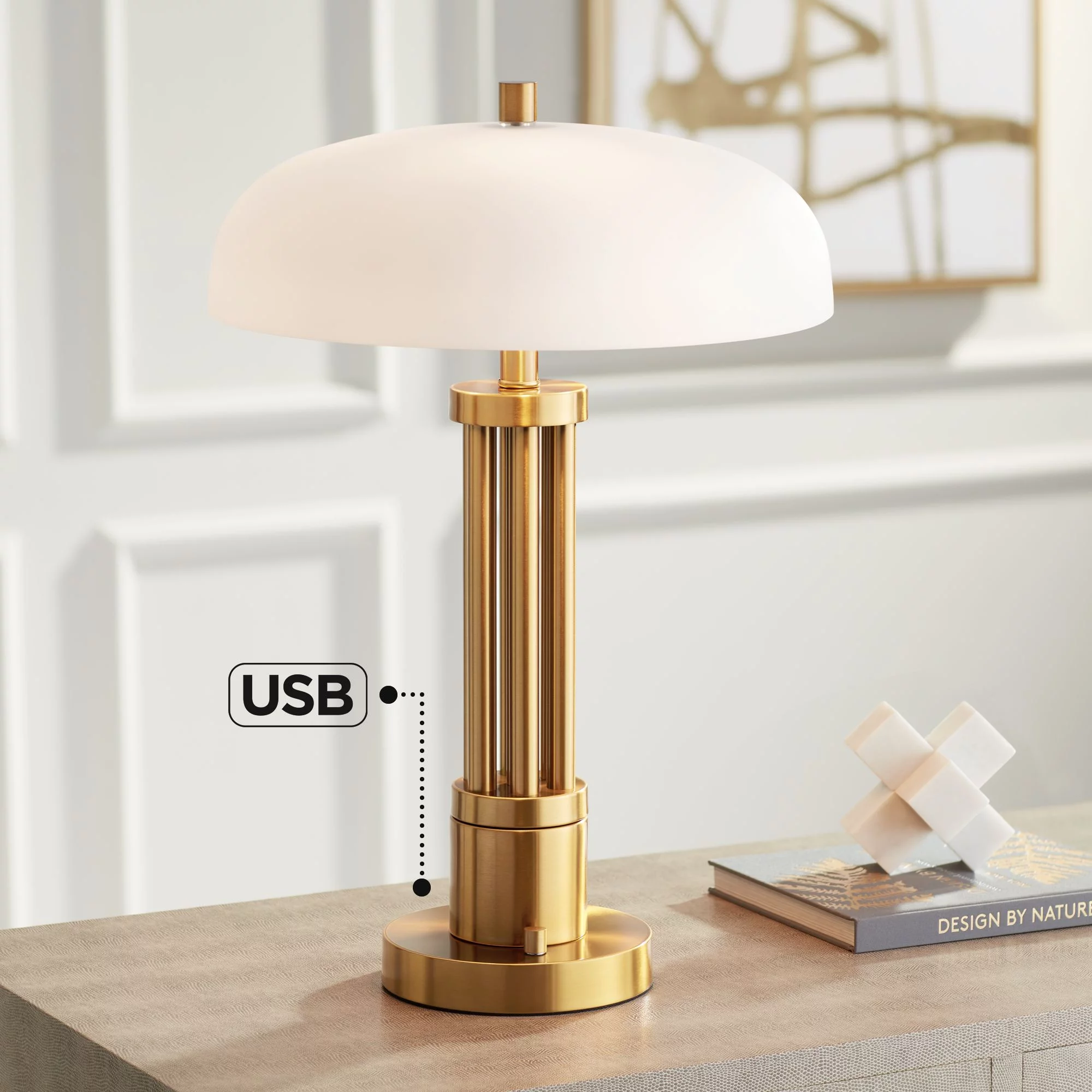 Possini Euro Design Granview 23" High Mid Century Modern Accent Table Lamp Dual USB Ports Brass Metal Glass Dome Shade Charging