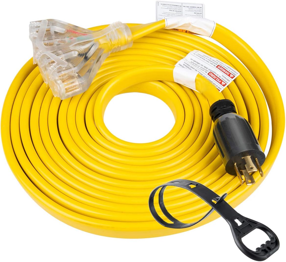 25 Feet Heavy Duty Generator Adapter Extension Cord,Generator Locking Cord,NEMA L14-30P to Four 5-20R, 4 Prong 10 Gauge Flat Generator Cable