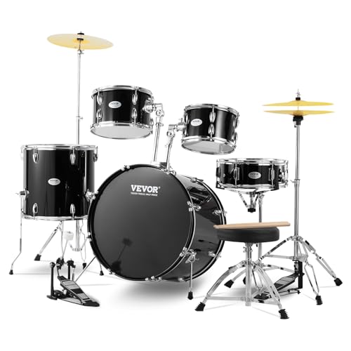 VEVOR Adult 5-Piece Drum Set, 22 Inches Complete Full Size Kit with Bass, Toms, Snare, Floor, Adjustable Throne, Stands, Cymbal
