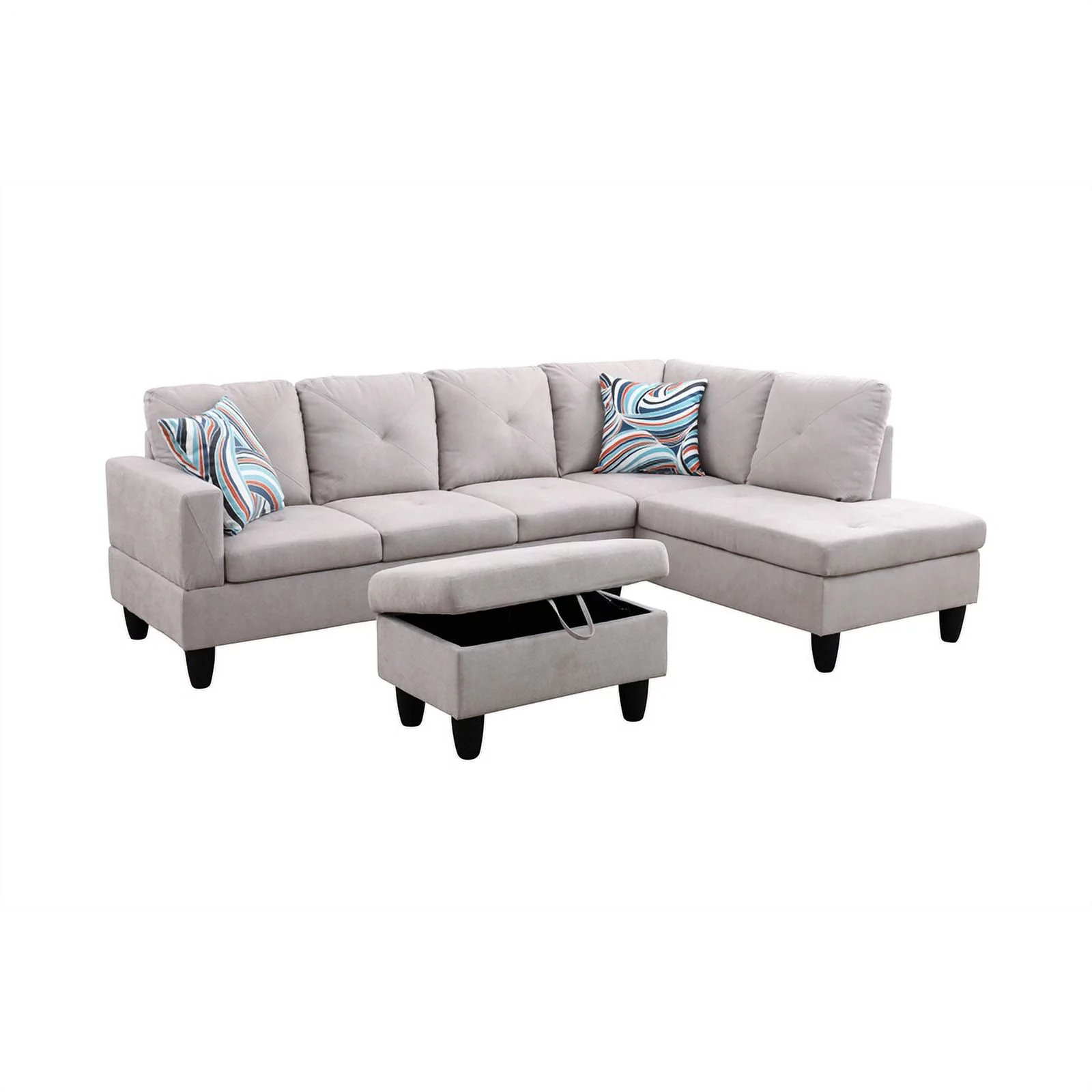 Pemberly Row L Shaped Gray Couch w/ Storage Ottoman(Pillows Included) Microfiber