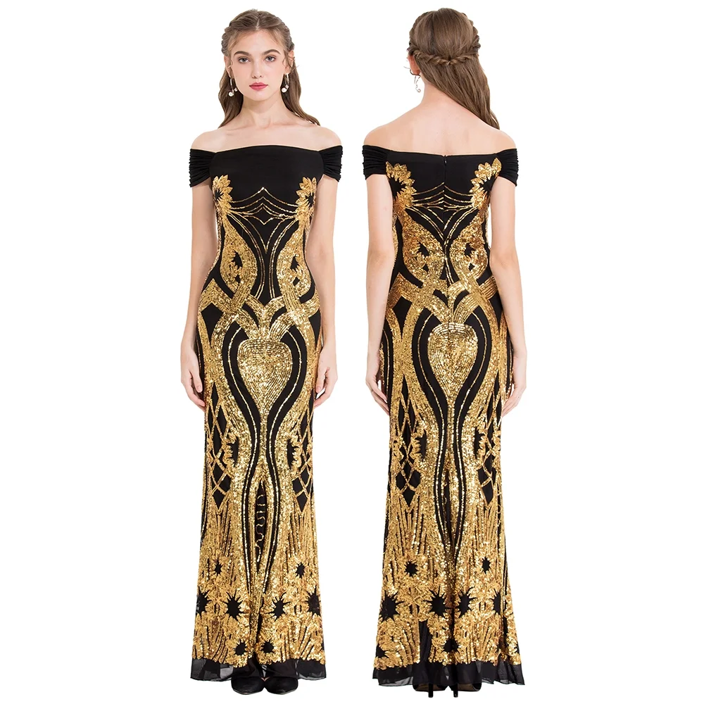 Angel-fashions Vintage Party Gown Women's Off Shoulder Gold Floral Pattern Sequins Sheath Long Evening Dress Medium