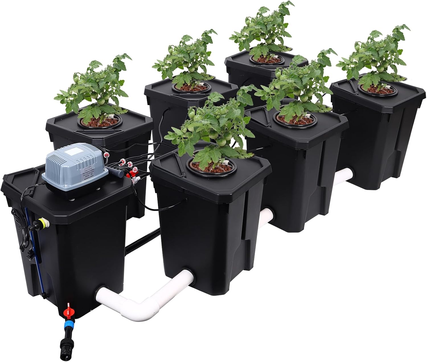 RDWC Hydroponics Grow System 6 Site + Reservoir, 7-Gallon Top Drip Recirculating Deep Water Culture Hydroponic Bucket System