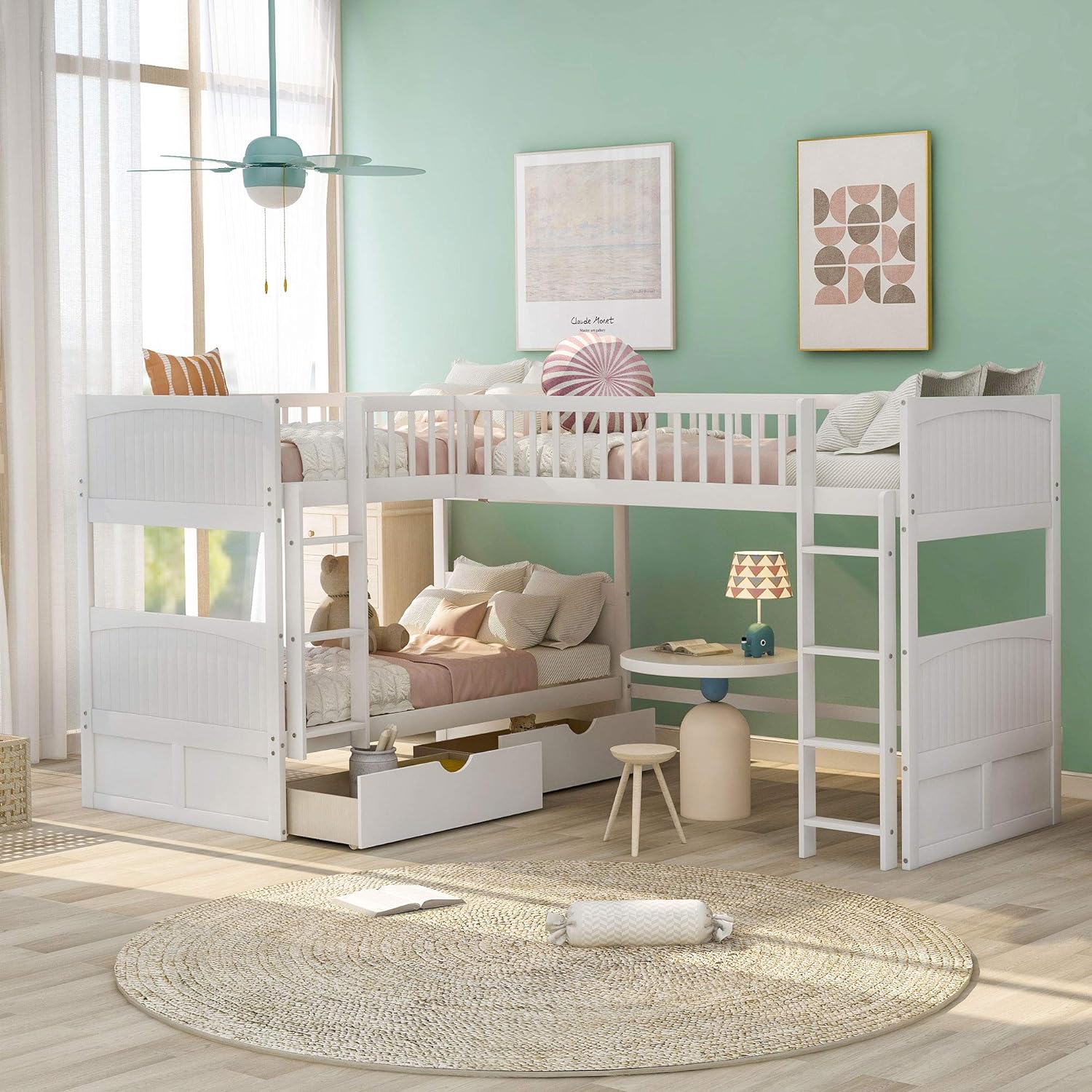 L Shape Corner Bunk Bed Triple, Loft Bed with 2 Drawers, Multifunctional Storage Loft Bed, Bunk Bed, Double Loft Bed for Bedroom, Space Saver