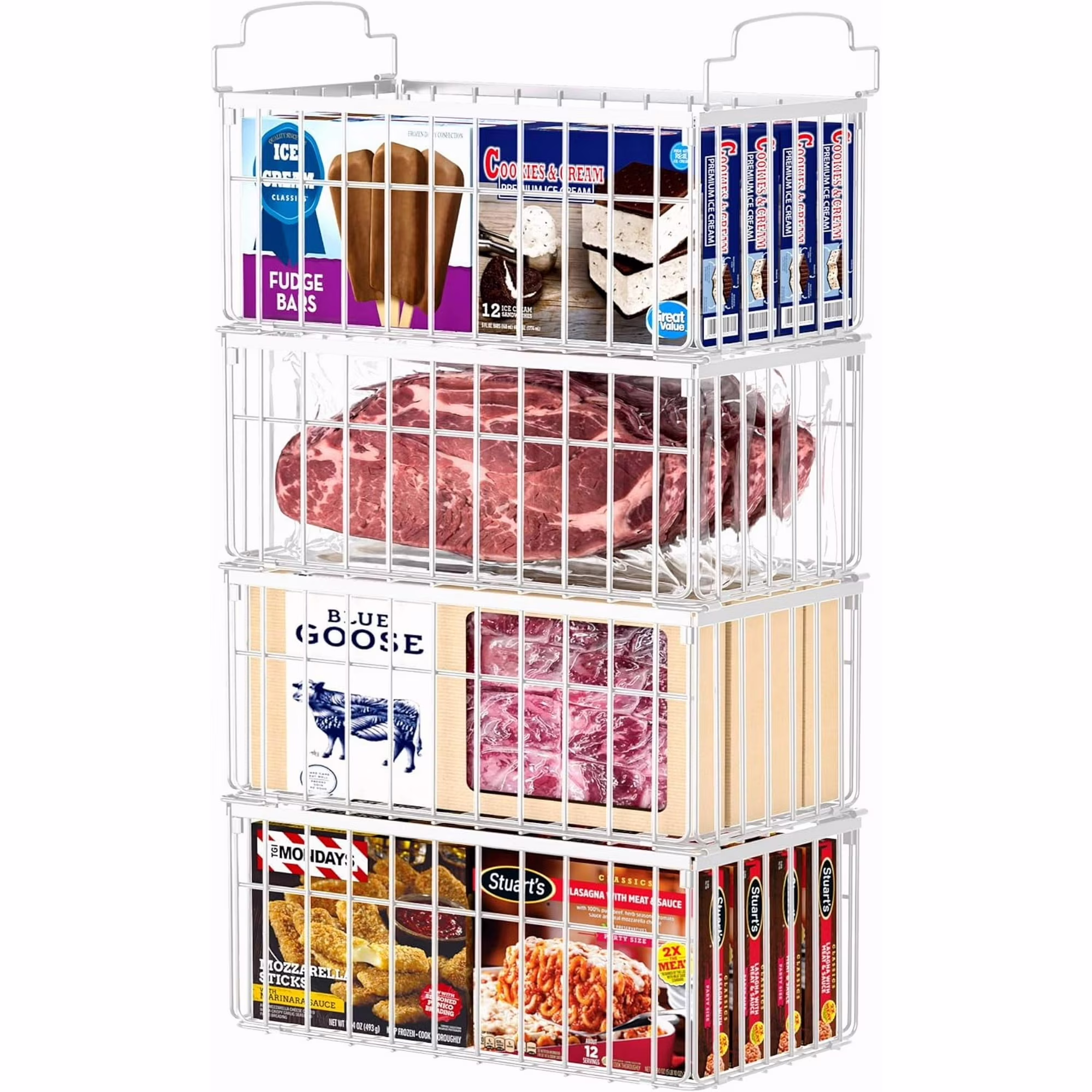 Organizer Bins, 4 Pack Stackable Deep Chest Freezer Organizer Bins, Foldable Baskets with Handles