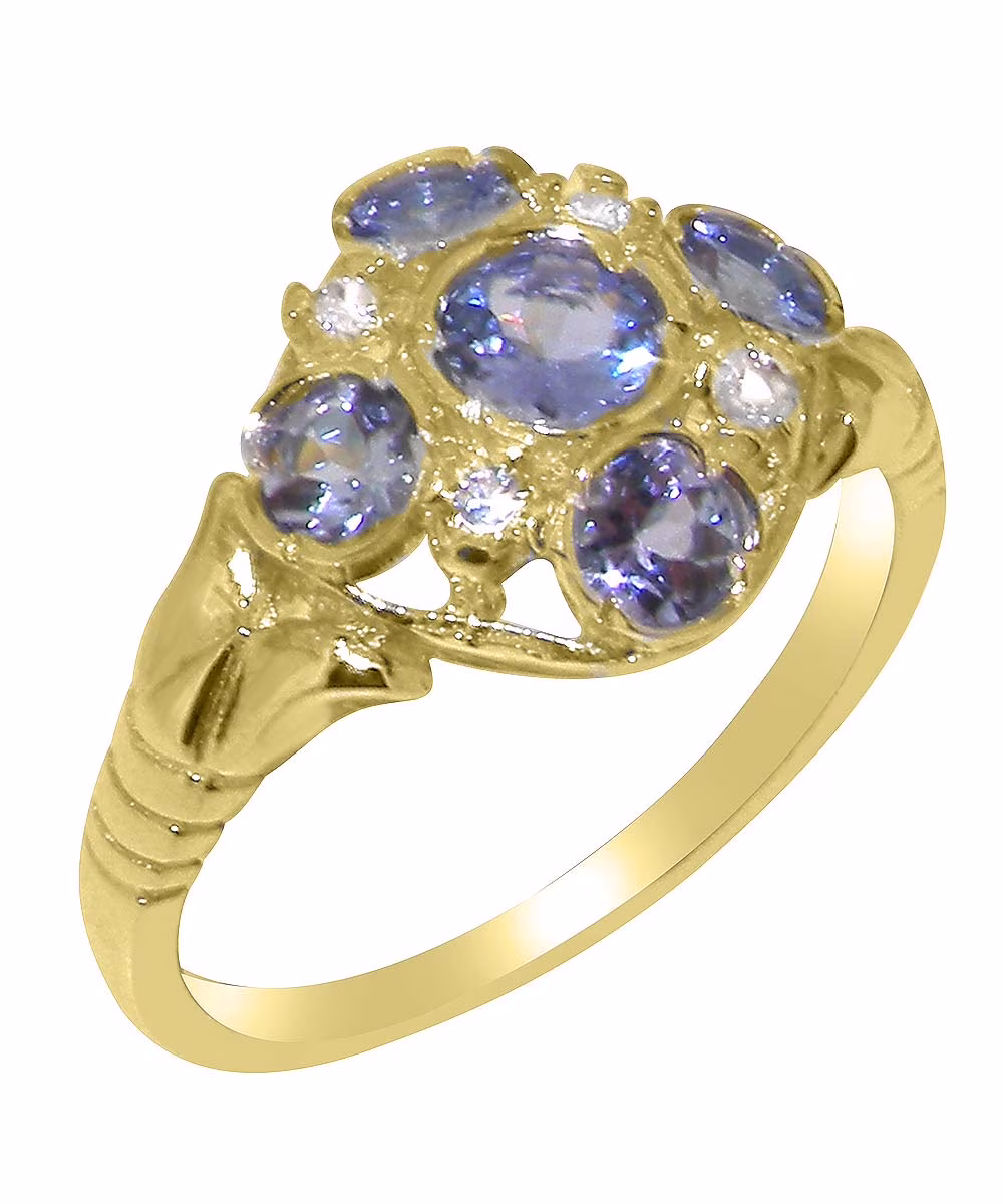 LBG British Made 9k Yellow Gold Natural Tanzanite & Diamond Womens Statement Ring - 33 size options - Size 10