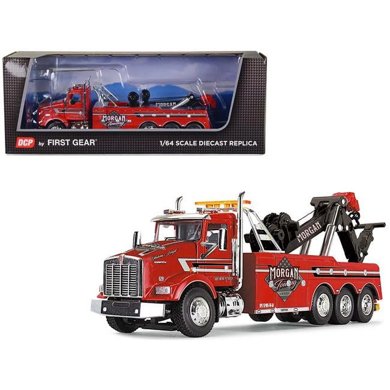 Kenworth T800 Day Cab Tow Truck with Miller Century 9055 Wrecker Red Morgan Towing Recovery 1/64 Diecast Model by DCP/First Gear - Radiant Selections