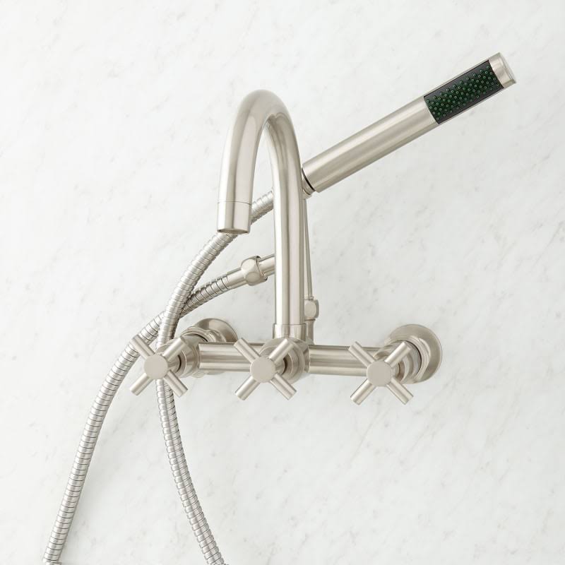 Signature Hardware 909035-6 Sebastian Wall Mounted Tub Filler Faucet with 6x22 Wall Couplers and Cross Handles - Includes Hand S