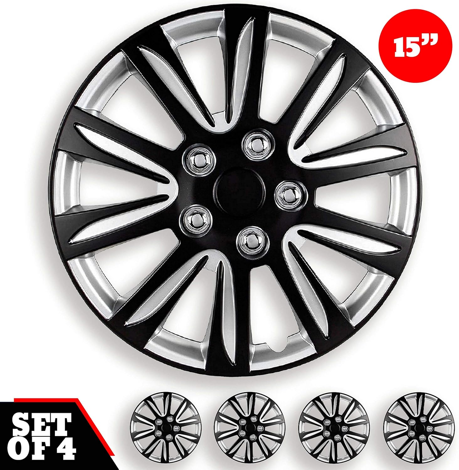 Swiss Drive Hubcaps 15-Inch Set of 4 - Luxurious Blank and Silver Design - Durable and Reliable Automotive Wheels - Easy to Install