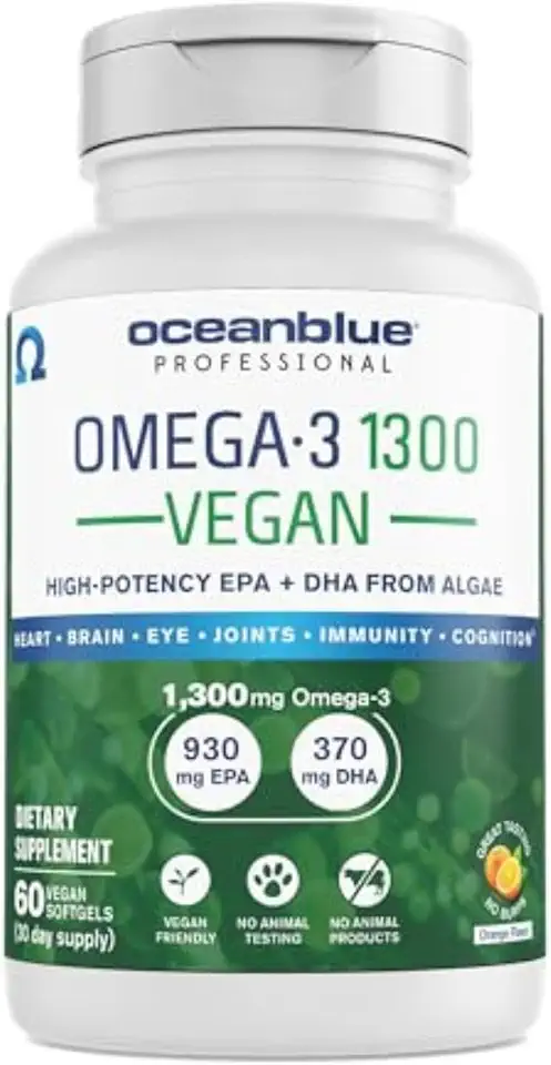 Oceanblue Professional Vegan Omega 3 1300-60 Count - Plant Based Fish Oil Alternative, High Potency Vegan DHA EPA Algae Oil Supplement - Non-GMO