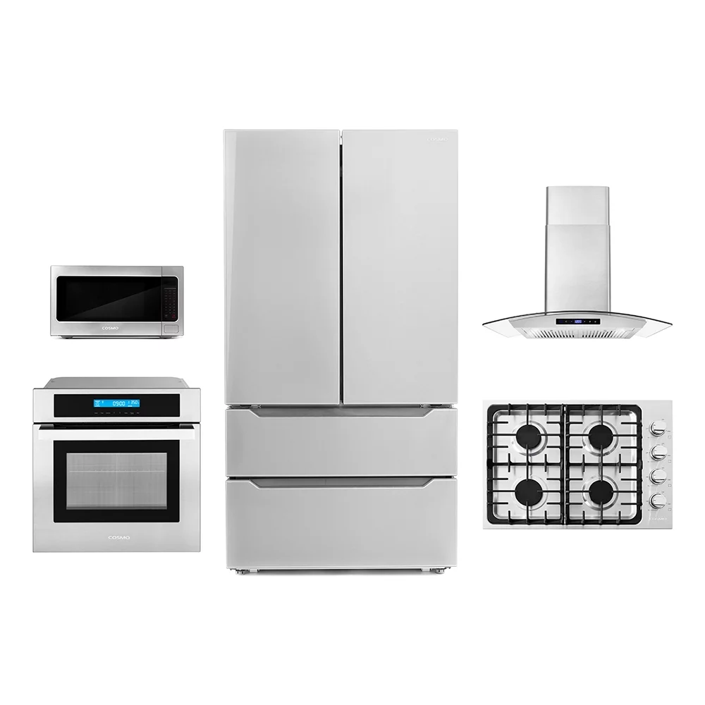Cosmo 5 Piece Kitchen Package With 36" Gas Cooktop 24" Single Electric Wall Oven 24.4" Countertop Microwave French Door Refrigerator & 24" Built-in
