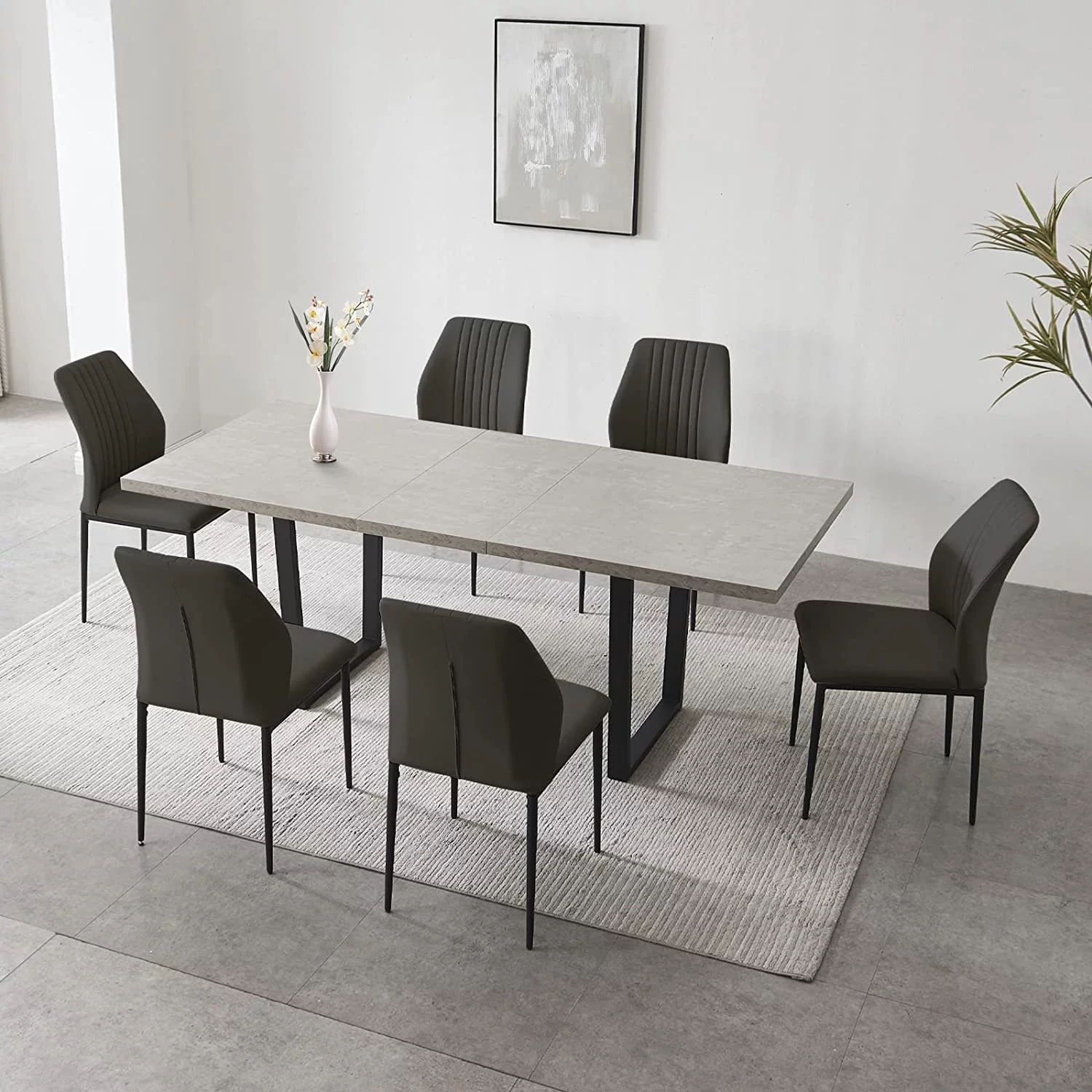 Perfect Modern Mid-Century Dining Table Set for 6-8 People Kitchen Dining Room Table Set Extendable Solid Wood Dining Table and 6 Upholstered Chairs