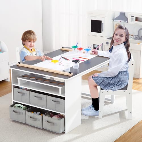 Kids Art Table and Chairs Set, Living and Learning Kids' Art Table and Stool Set with Large Storage Desk and Portable Art Supply Organizer