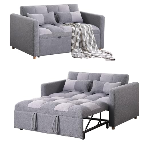Loveseat Sleeper, Pull Out Sleeper Sofa with Adjustable Backrest and Pillows, Teddy Fabric Couch Bed for Living Room