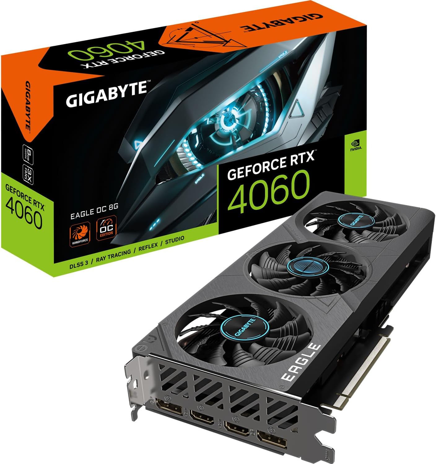 GIGABYTE NVIDIA GeForce RTX 4060 Eagle OC Graphics Card - 8GB GDDR6, 128-bit, PCI-E 4.0, 2505MHz Core Clock, 2X DP 1.4, 2X HDMI 2.1a, NVIDIA DLSS 3