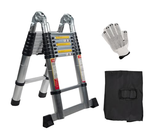 Mytee Products 16.5' Telescoping Ladder A Frame - Aluminum Extention Ladder w/Balance Bar, Carry Handle & Tool Tray