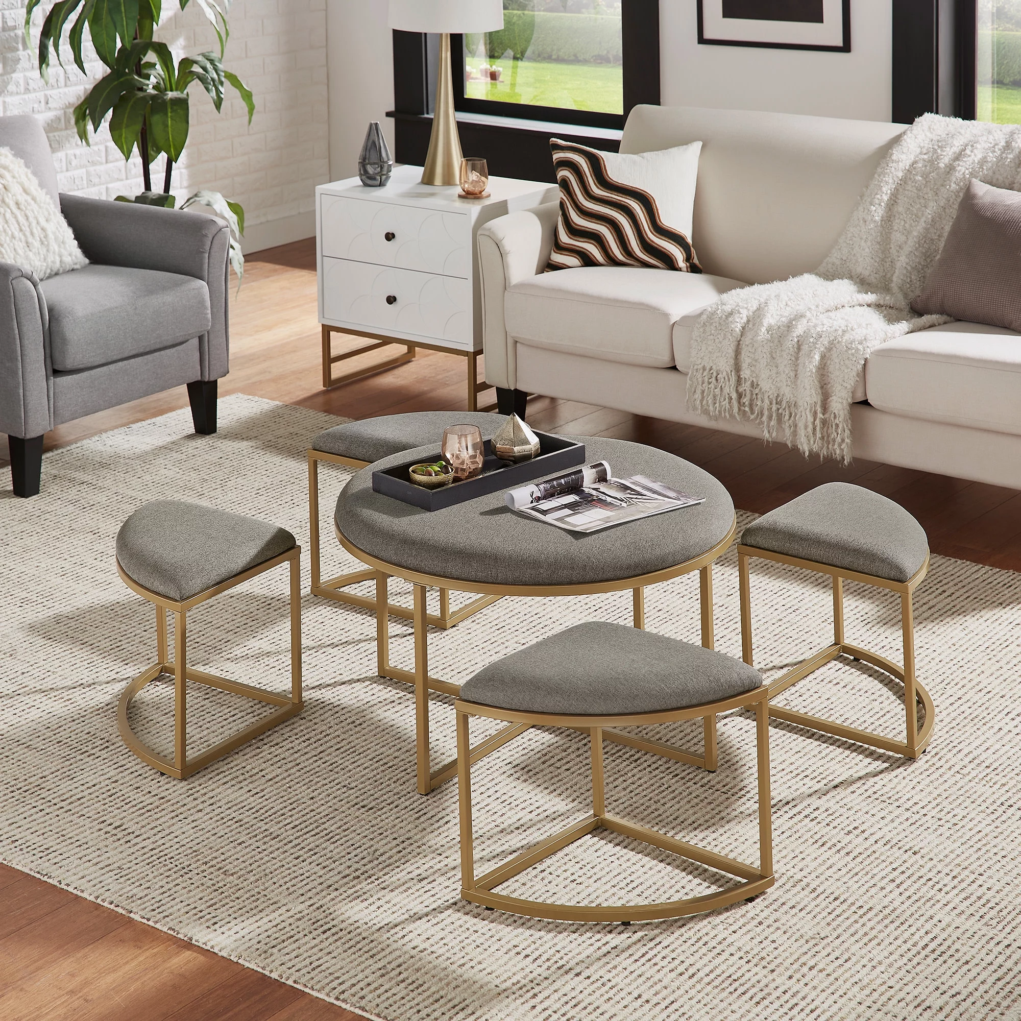 Weston Home Lilas Round Coffee Table with Nesting Stools, Grey/ Gold Finish