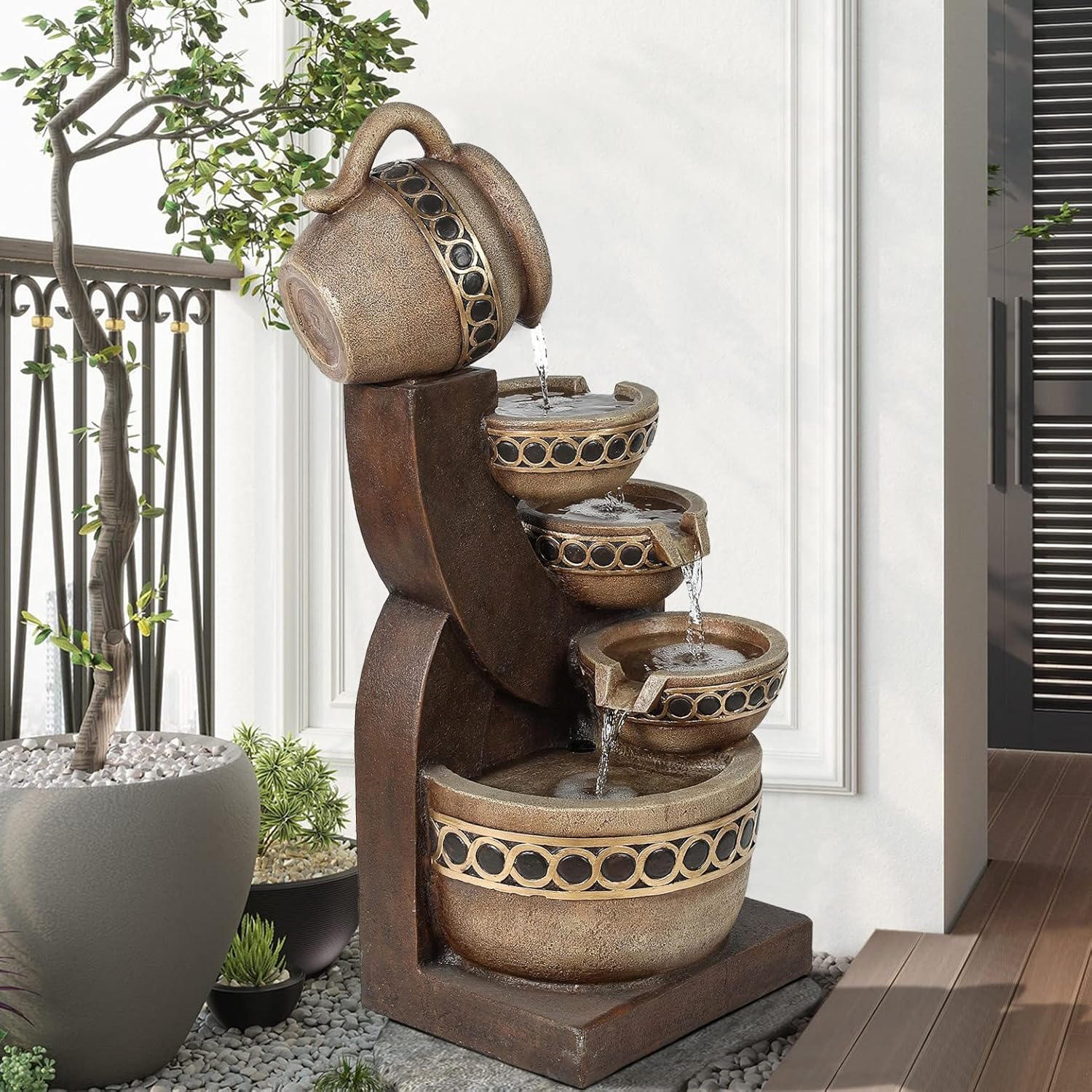 LuxenHome Outdoor Water Fountain, 5 Tiered Polyresin Cascading Pitchers Outdoor Fountains and Waterfalls, Water Fountain Decor for Patio, Yard