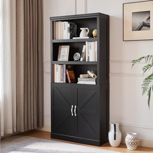 Farmhouse Bookshelves and Bookcases with Doors, Floor Standing 5 Shelf Display Storage Shelves, 69 in Tall Bookcase for Home Office, Living Room