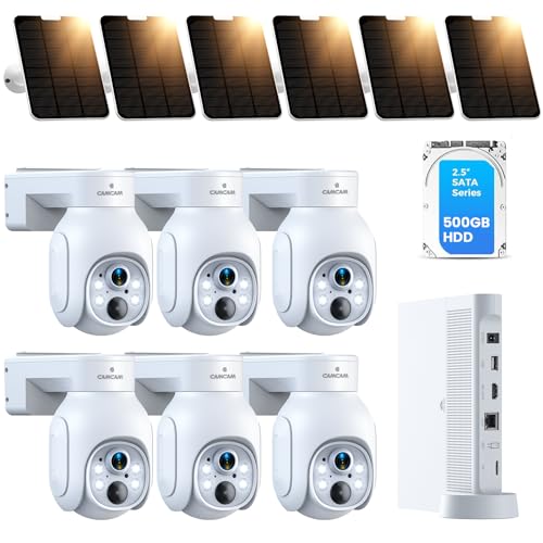 Camcamp Wireless Security Camera System, Solar Powered PTZ 4MP 6 Cam-kit Camera Security System, 500GB HDD NVR,Easy Installation, Color Night Vision