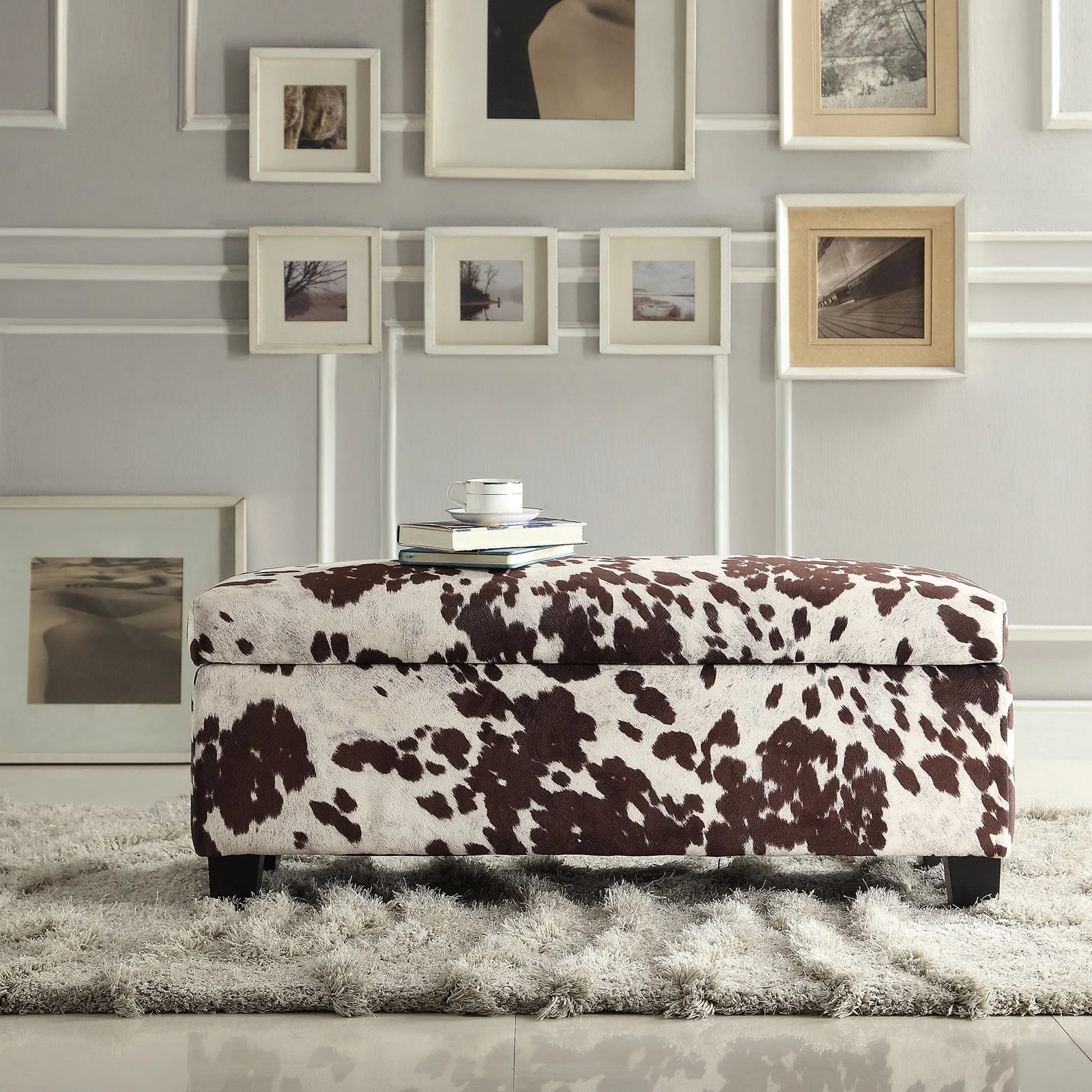 Azteca Cow Hide Print Storage Bench, Brown Cow