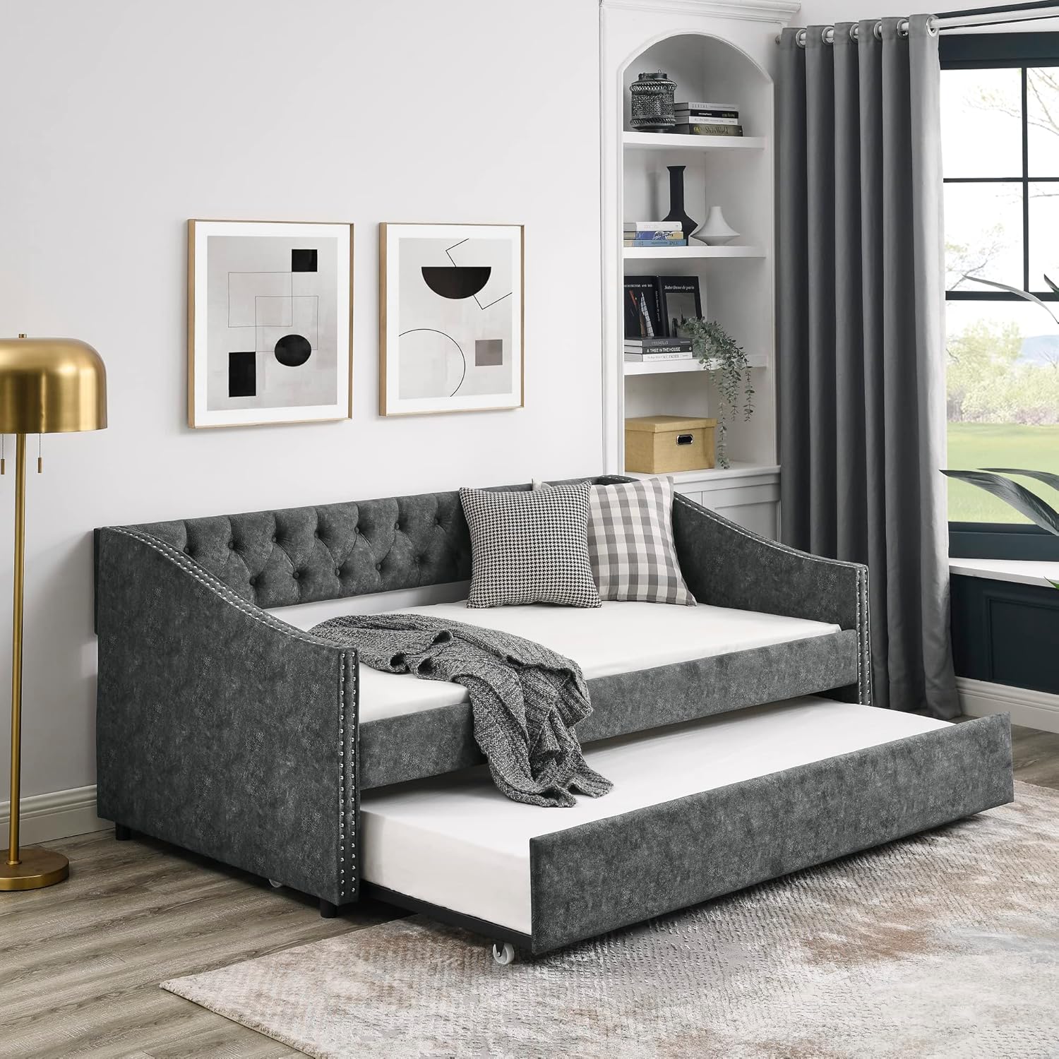 Twin Size Tufted Daybed with Twin-Size Trundle, Upholstered Sofa Bed, Wooden Couch with Button on Back and Copper Nail on Waved Shape Arms